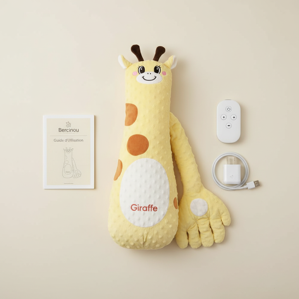 Contenu de la boîte : peluche girafe Bercinou, télécommande sans fil, câble USB et guide d'utilisation